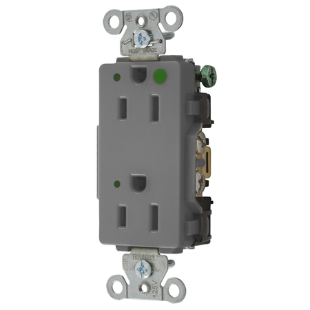 HUBBELL WIRING DEVICE-KELLEMS Straight Blade Devices, Decorator Duplex Receptacle, Hospital Grade, Hubbell-Pro, LED Indicator, 15A 125V, 2-Pole 3-Wire Grounding, 5-15R, Gray 2172GYL